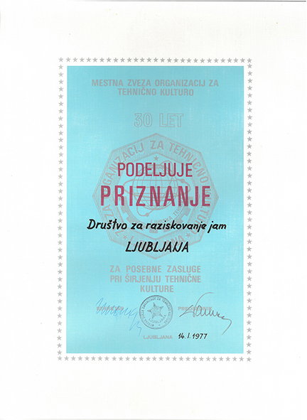 1977 - Priznanje Mestne zveze organizacij za tehnično kulturo - za posebne zasluge
